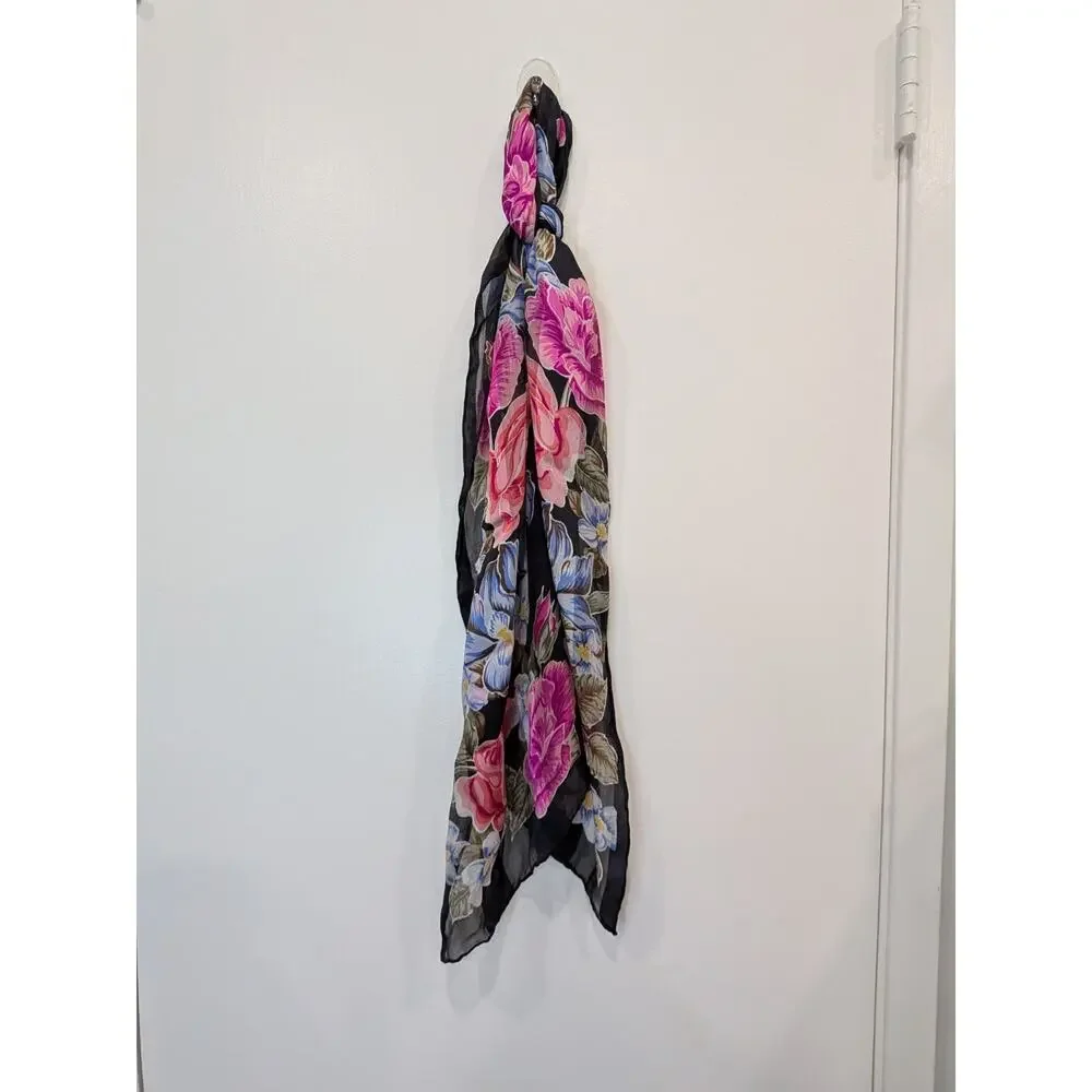 Black Floral Scarf Sheer Hair Festival Rodeo Boho Roses Iris Lily Oblong